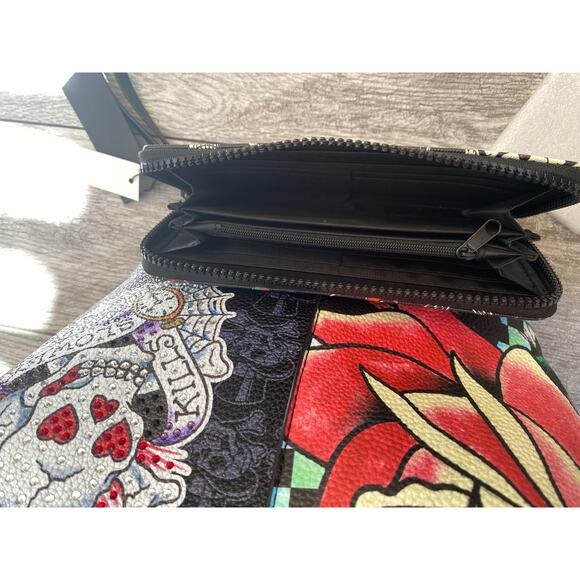 Ed Hardy Embellished Bag & Wallet Set | Skull Rose Tattoo Print - Picture 9 of 11